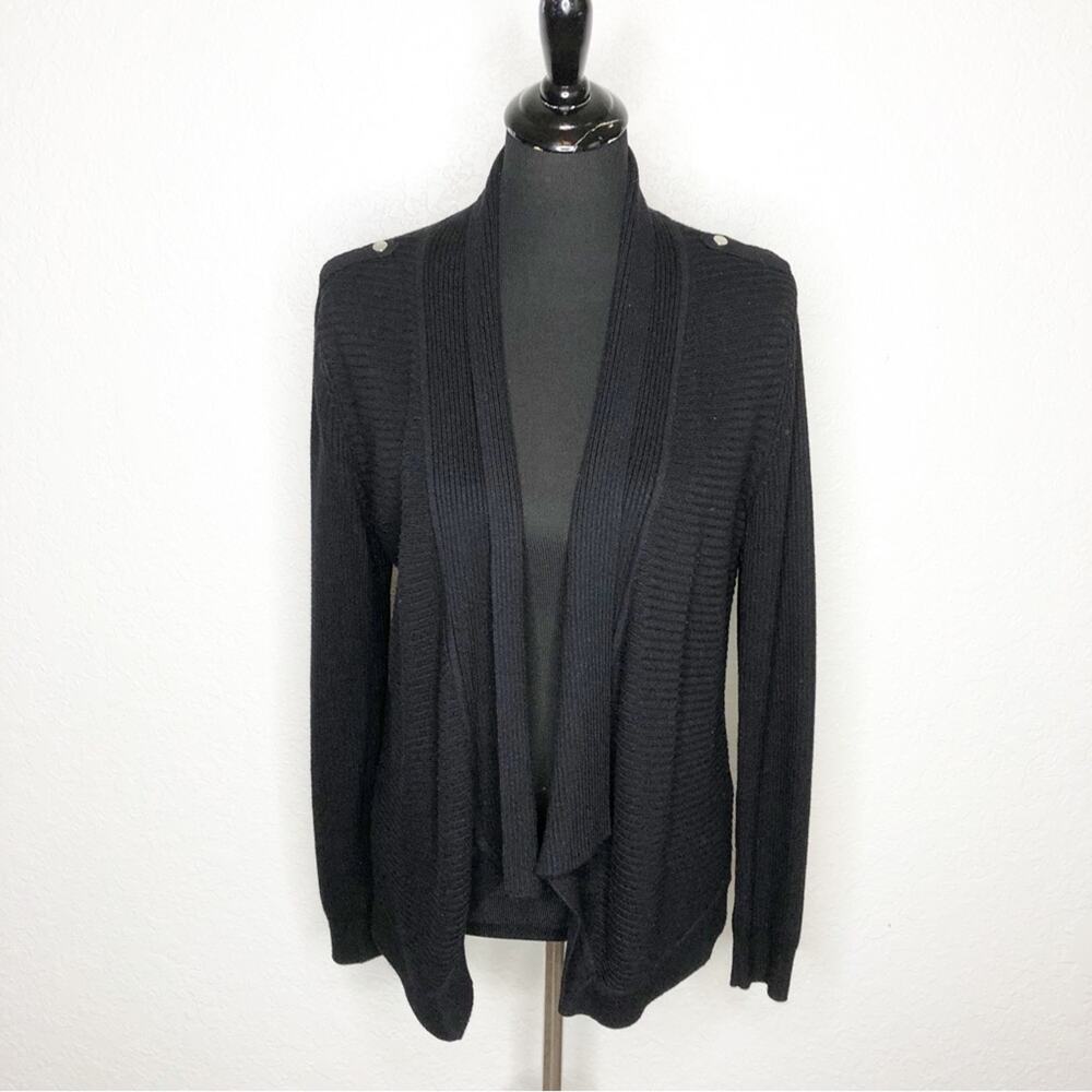 WHBM black ribbed knit draped open front cardigan sweater size Medium